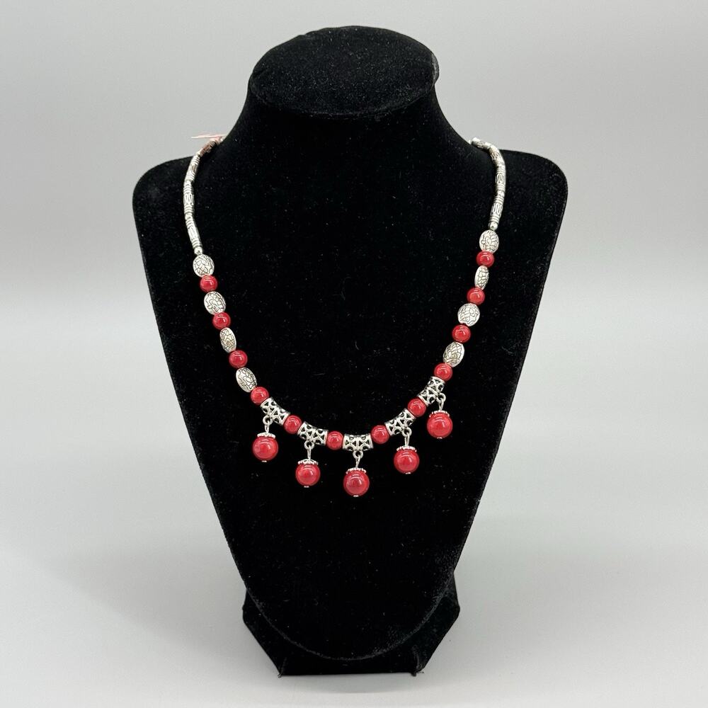 Vintage Style Boho Red Bead Fringe Necklace Tibetan Silver Ornate Dangle Drop